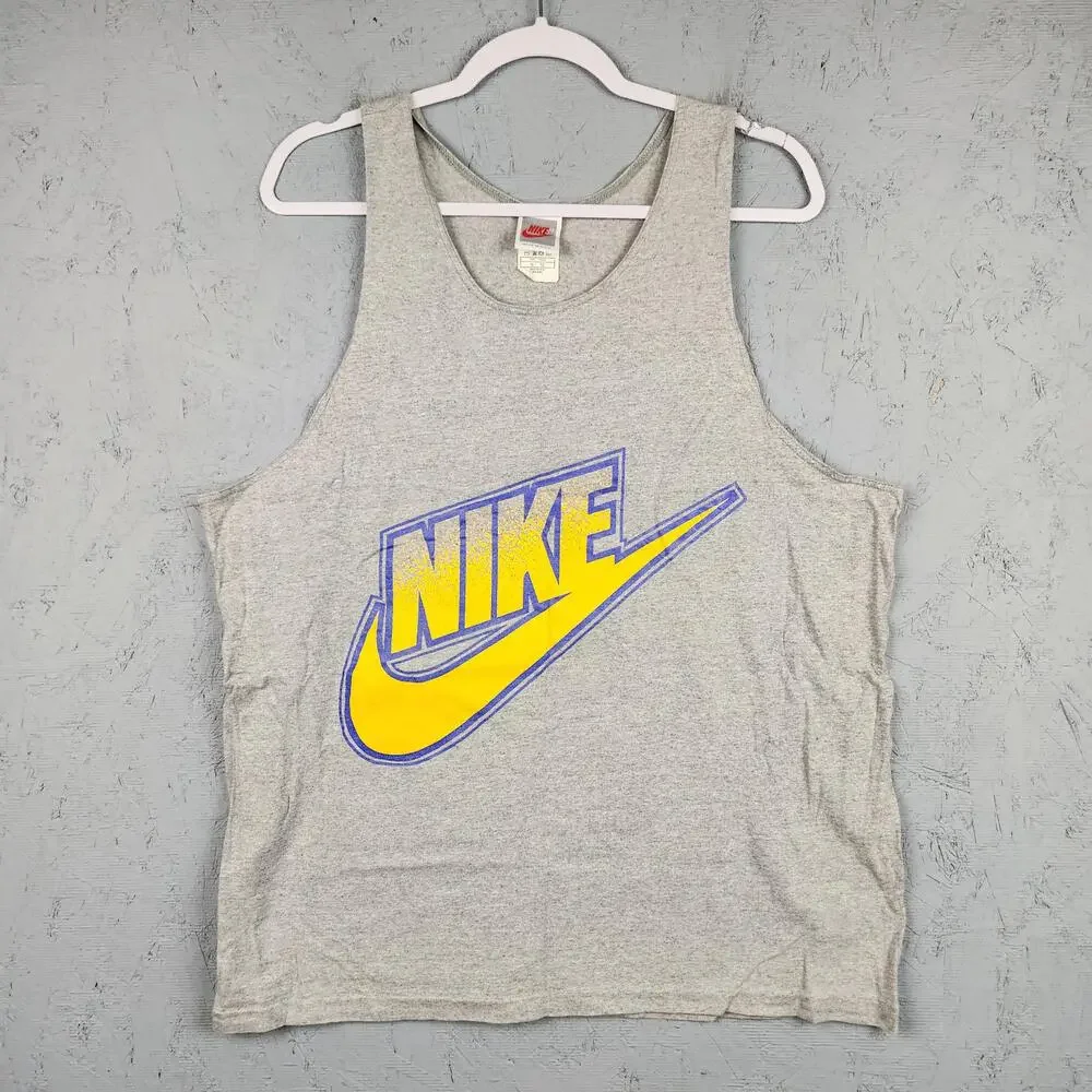 Vintage Nike Tank Top Shirt Mens XL Gray Yellow Swoosh Graphic Made In USA 90s